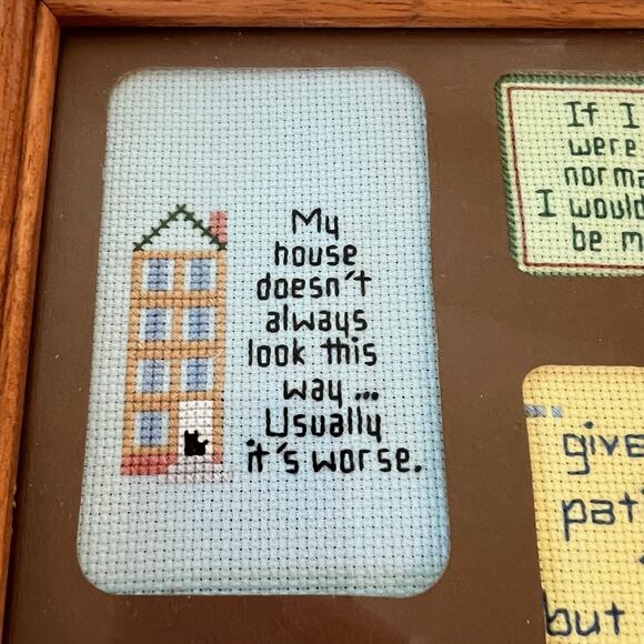 Vintage Framed Cross Stitch Sampler Inspirational Sayings Wall Art 14.5"x11.5" - Picture 2 of 16